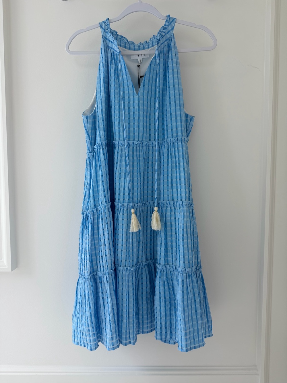 NWT THML Blue Gingham Tiered Halter Tassel Tie Dress Size L